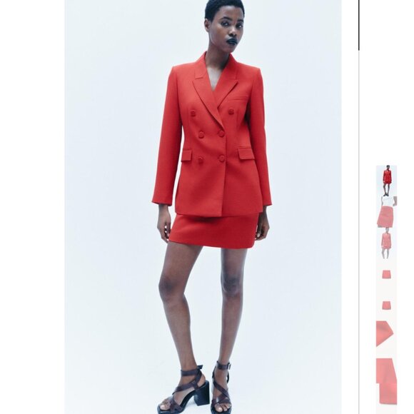 NWT ZARA 2 PIECES MATCH SUIT TAILORED DOUBLE BREASTED JACKET ZW + SKIRT RED